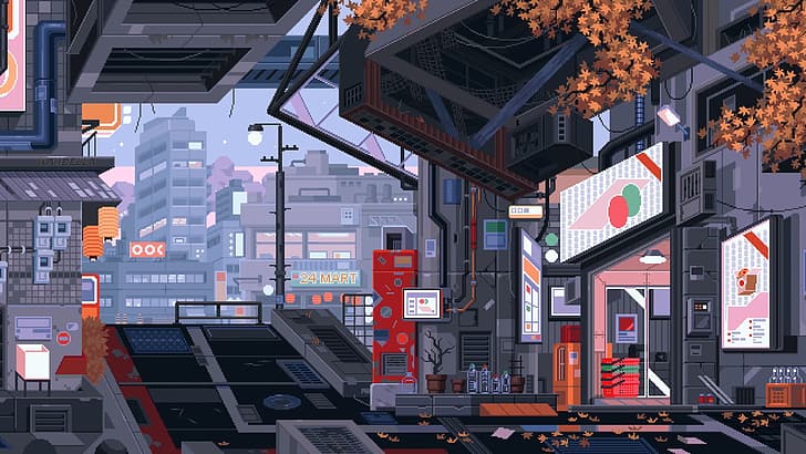 Pixel Art Bedroom, waneella, city, cyberpunk, pixel art