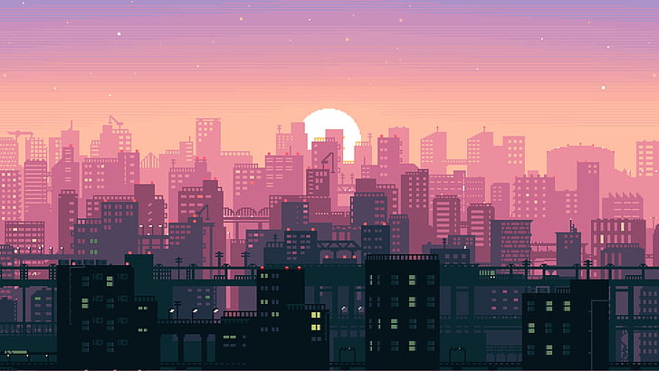 Pixel Art City Landscape, music, sunset, pixels, synthwave Free HD Wallpaper