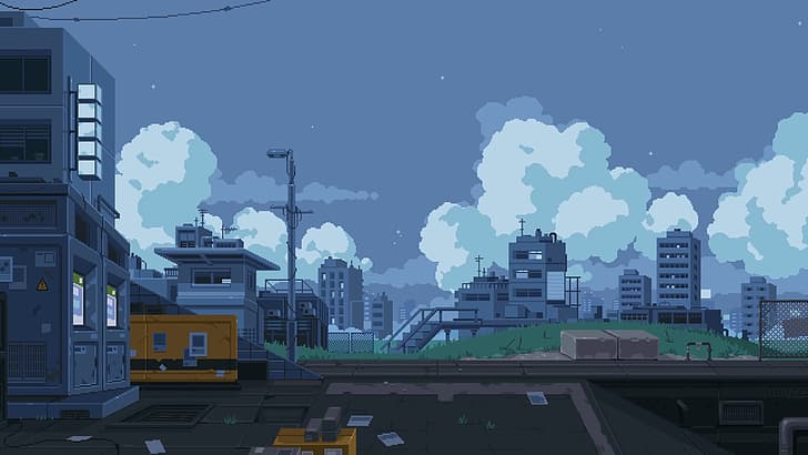 pixel art, sky, city, clouds Free HD Wallpaper