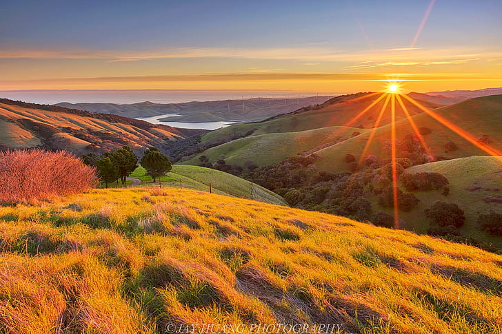 Spring Sunrise, rolling hills, hill, bay  bay, sun Free HD Wallpaper