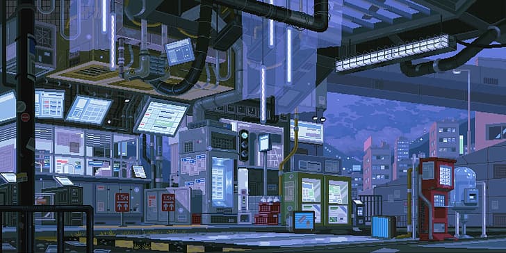 Vaporwave Paint, waneella, pixel art, town, city