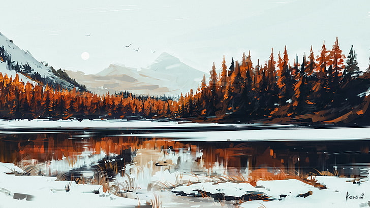 1080 Autumn Art, snowcapped mountain, national landmark, nature, aenami Free HD Wallpaper