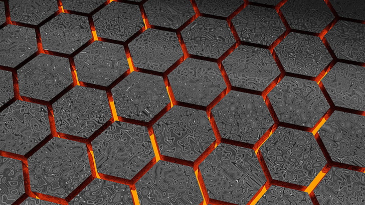 3D Hexagon Outline, abstraction, honeycomb, geometry, lava Free HD Wallpaper