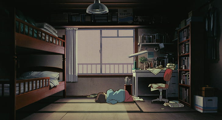 Anime Falling Out of Chair, whisper of the heart, interior, studio ghibli, bed