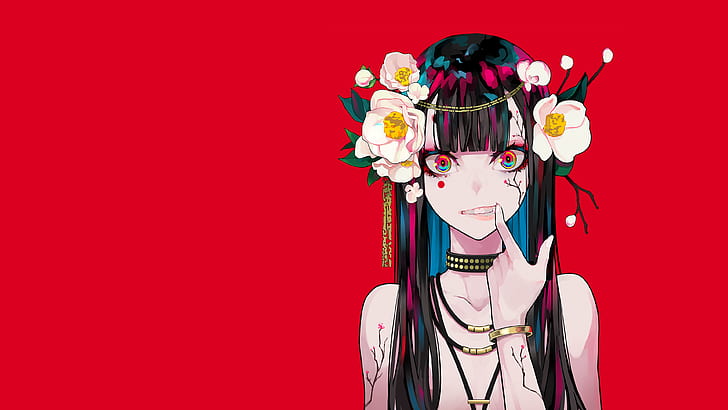 Anime Girl Art, flower, hair,, colorful, simple background