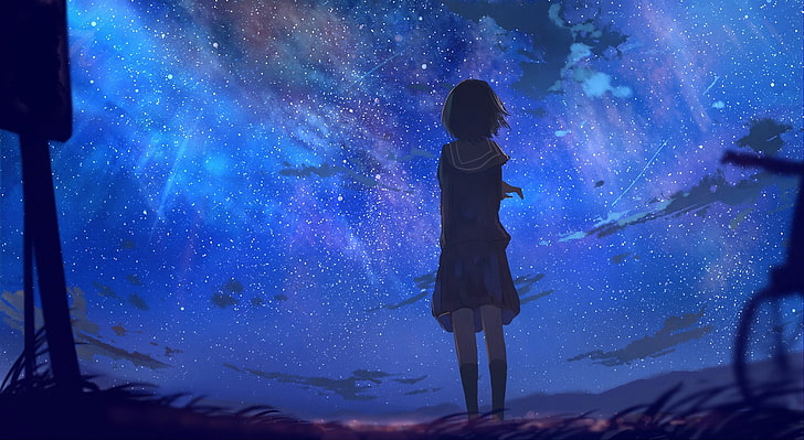 Anime Girl Night Sky Stars, nature, looking away, star, night