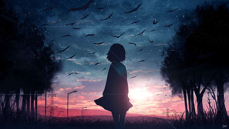 Anime Girl with Samurai, evening, women, skyscape, stars