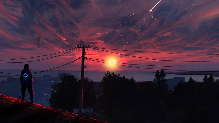Anime Glasses, silhouette, evening, sunrise, fictional Free HD Wallpaper