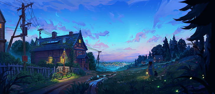 Anime Moon, stars, painting art, town, nature