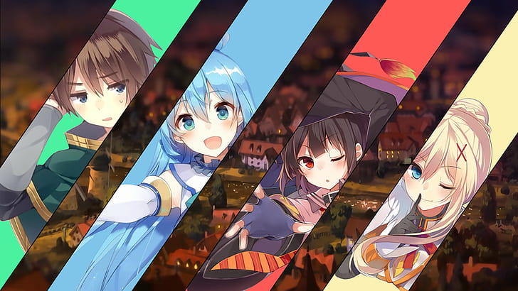 Aqua and Megumin and Darkness, megumin, darkness konosuba, sat kazuma kono subarashii sekai ni shukufuku wo, aqua konosuba