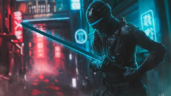 Awesome Ninja Concept Art, building, futuristic, neon, cyan Free HD Wallpaper