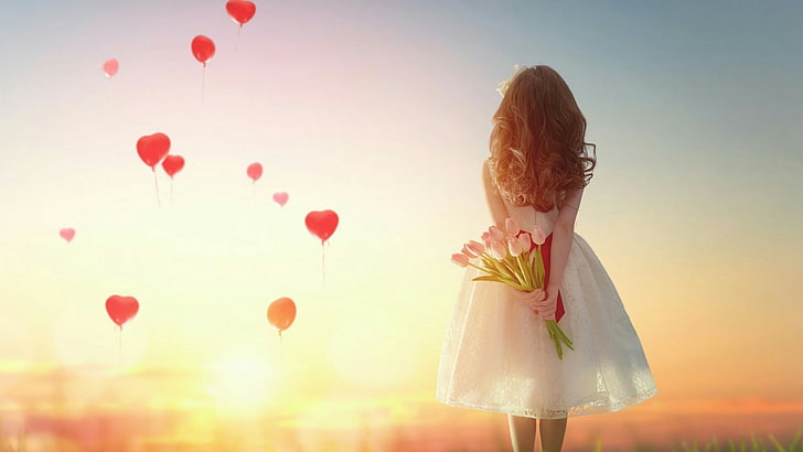 Boy with Red Balloon, girl, balloon, happiness, summer Free HD Wallpaper