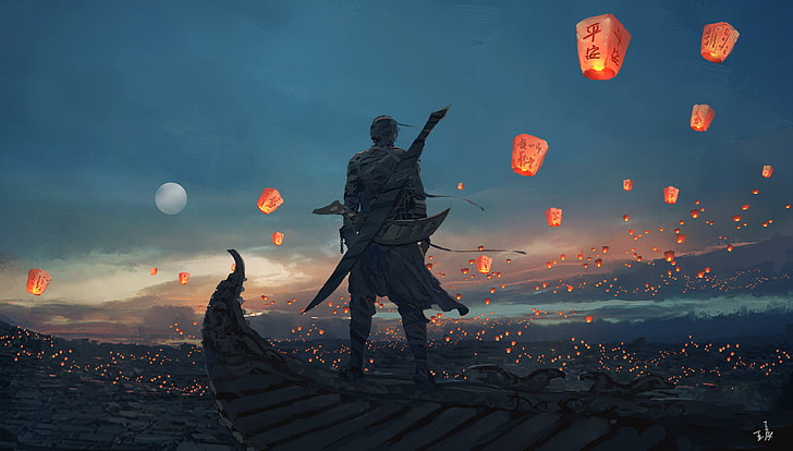 Chinese Fire Lanterns, built structure, moon, sunset, sky Free HD Wallpaper