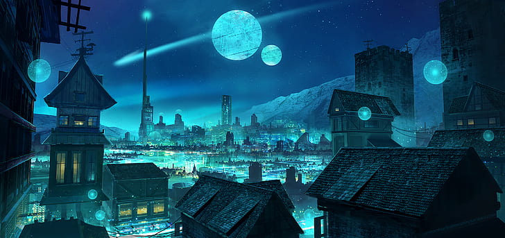 City Digital Art Illustration, neon, anton kurbatov, moonlight, moon rays Free HD Wallpaper