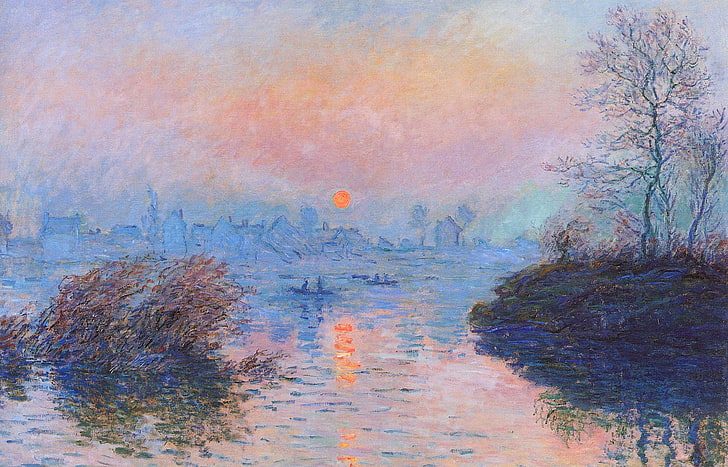 Claude Monet Artist, digital composite, sunset on the seine in lavacore winter effect, auto post production filter, reflection
