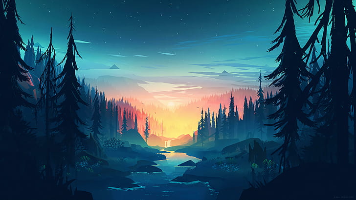 Computer, sunset, illustration, landscape, art Free HD Wallpaper