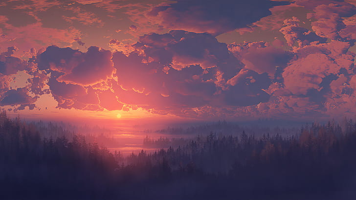 Digital Art Sunrise, outdoors, trees, environment, landscape Free HD Wallpaper