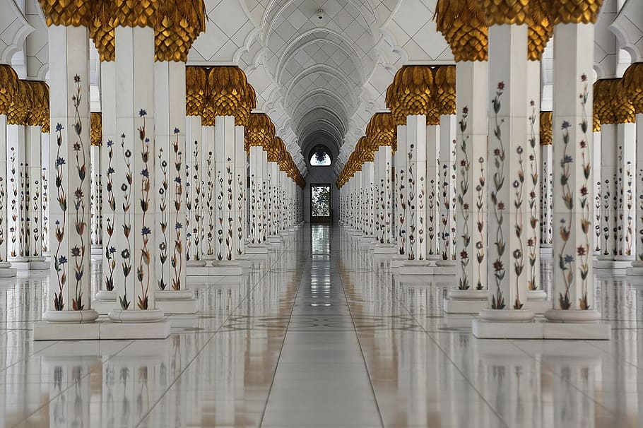 Dubai Mosque, architectural column, built structure, islam, architecture Free HD Wallpaper