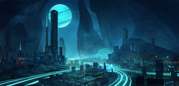 Dystopian Cyberpunk, cyan, dark, blue, cyberpunk Free HD Wallpaper