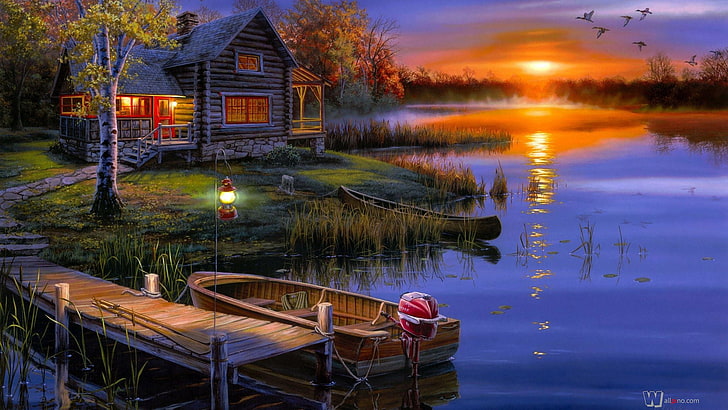 Fall Cabin Paintings, tropical, beach, structure, house Free HD Wallpaper