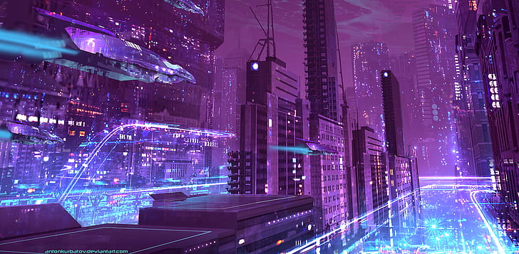 Futuristic Cities, lights, violet, futuristic city, blue Free HD Wallpaper