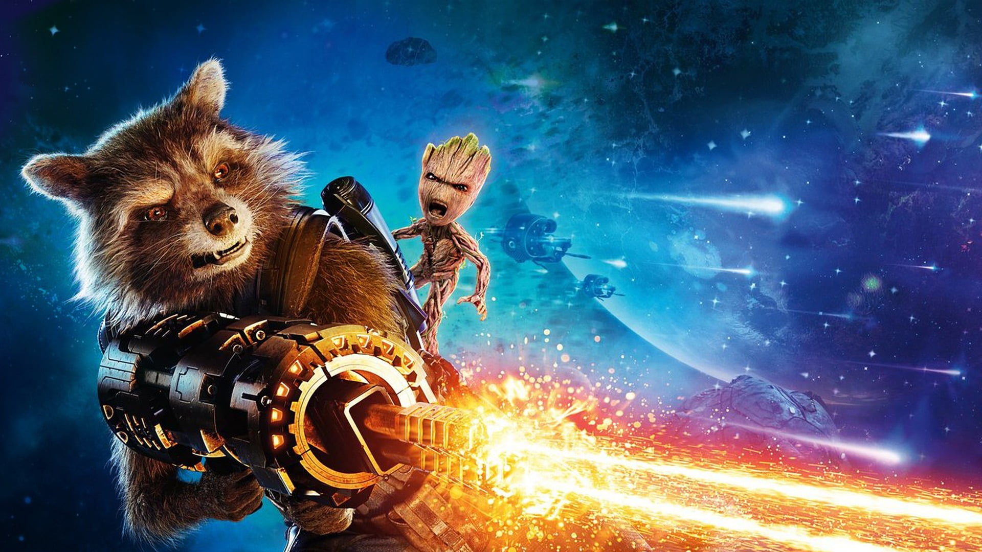 Grut Baby and Rocket Raccoon, rocket, people, night, burning