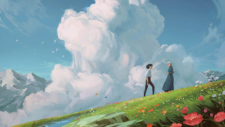 Howl's Moving Castle Funny, mountain, movie, howls moving castle, black hair Free HD Wallpaper