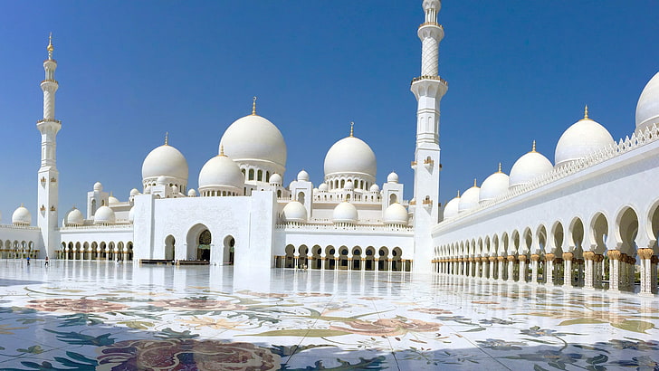 Islamic Minaret, white color, ornate, water, arch