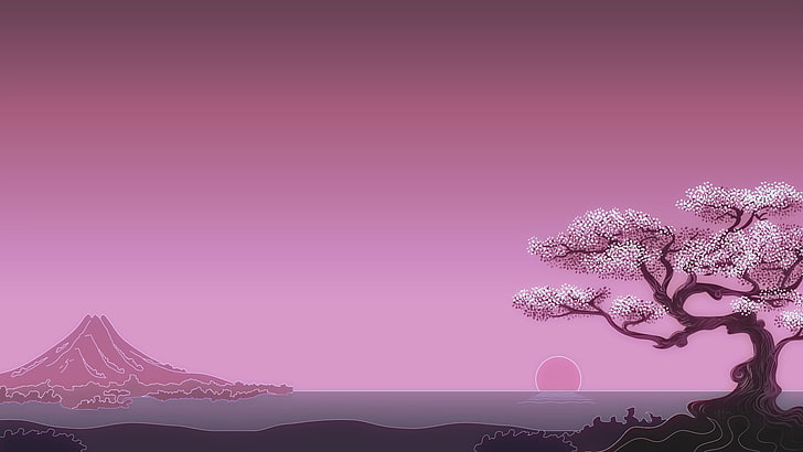 Japanese Minimalist Art, pink color, colored background, plant, sky