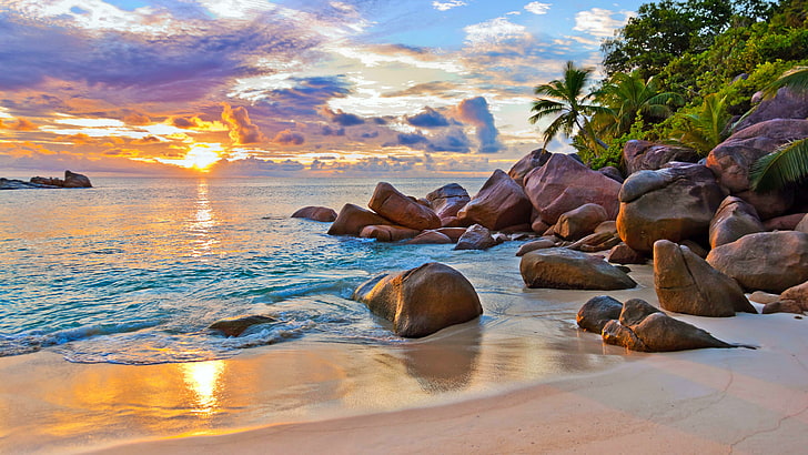 Mahe Seychelles Beaches, sky, sunlight, sandy, rock Free HD Wallpaper