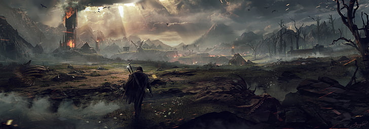 Middle Earth Mordor, one person, nature, mountain, concept art Free HD Wallpaper