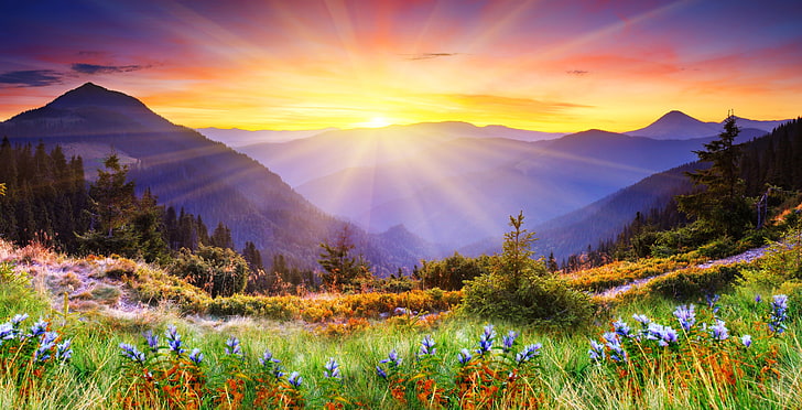 Mountain Sunset, nonurban scene, mountain ridge, orange color, fog Free HD Wallpaper