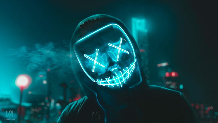 Neon Purge Mask, cyberpunk, faceless, neon, smoke Free HD Wallpaper