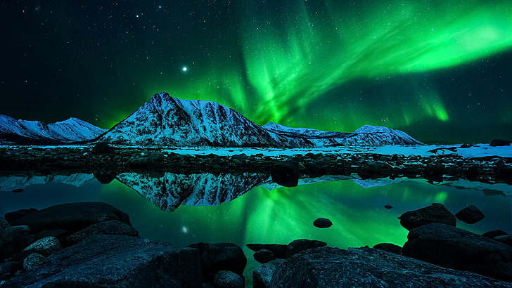 Norway Northern Lights, snow, scenics  nature, water, aurora polaris Free HD Wallpaper