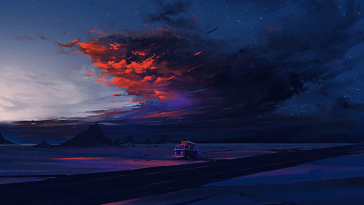 Palm Tree Night Sky, mountain, evening, illustration, digital painting Free HD Wallpaper