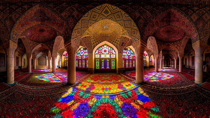 Pink Mosque Shiraz Iran, architectural column, cultures, mosaic, detailed