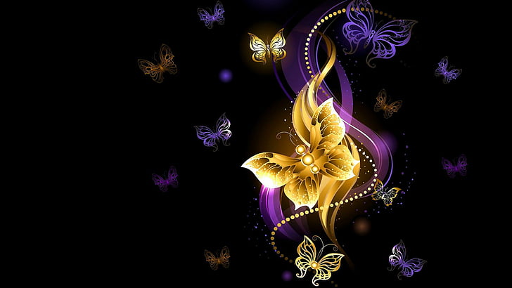 Purple Roses with Butterflies, special effects, illustration, butterflies, shine Free HD Wallpaper