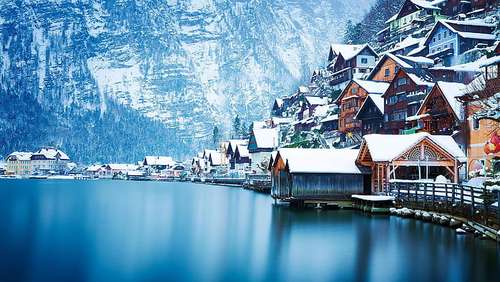 Salzburg Austria Winter, village, water, nature, houses Free HD Wallpaper