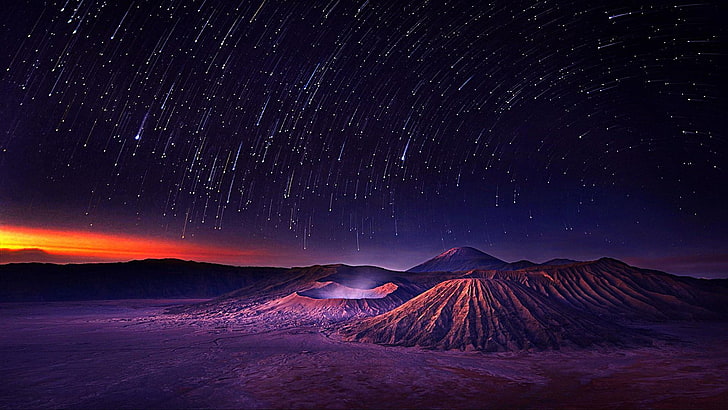 Starry Night Sky, star trails, falling star, earth, horizon