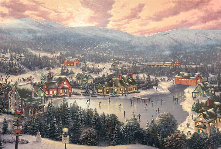 Thomas Kinkade Snow Scenes, architecture, history, day, christmas Free HD Wallpaper