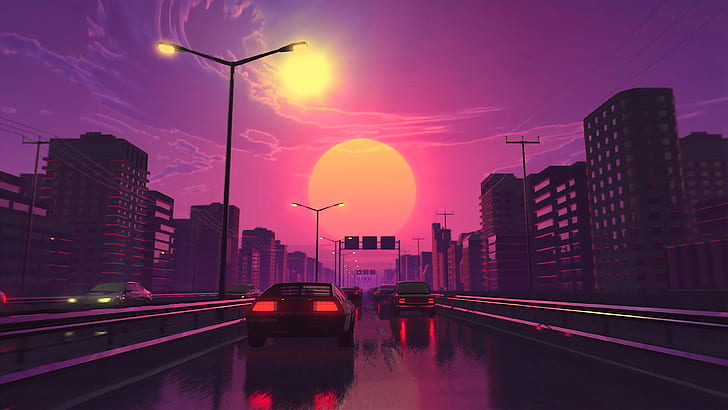Vaporwave Car, sky, building, modern, landscape Free HD Wallpaper