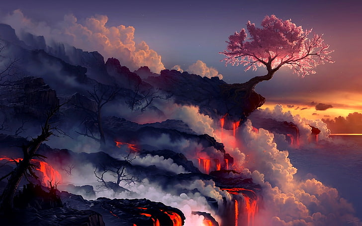 Volcano Japanese Cherry Blossom, summer, environment, landscape, scenics  nature Free HD Wallpaper