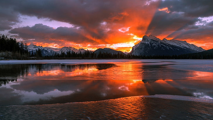 Winter Mountain Lake Sunset, canada, snowcapped mountain, ice, lake