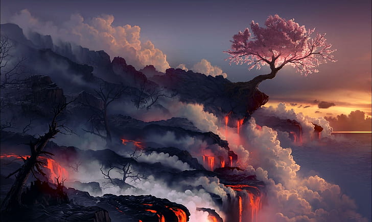 Anime Landscape, eruption, tree, tree,, cherry,