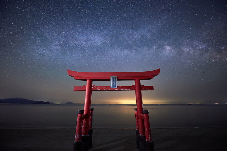 Anime PC, shrine, horizon over water, nature, scenics  nature