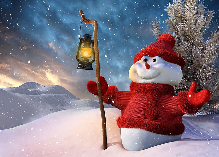 Cute Christmas Snowman, landscape, winter, illustration, gift Free HD Wallpaper