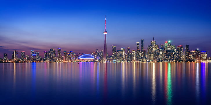 Downtown Toronto at Night, lake ontario, oriental pearl, urban scene, rull Free HD Wallpaper