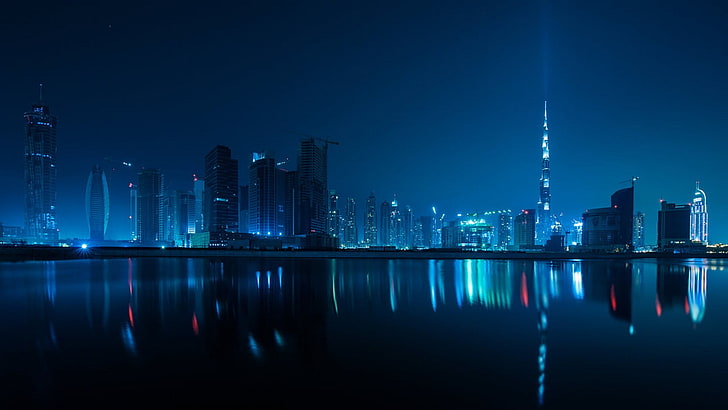 Dubai Night Skyline, huangpu river, pudong, downtown district, united arab emirates