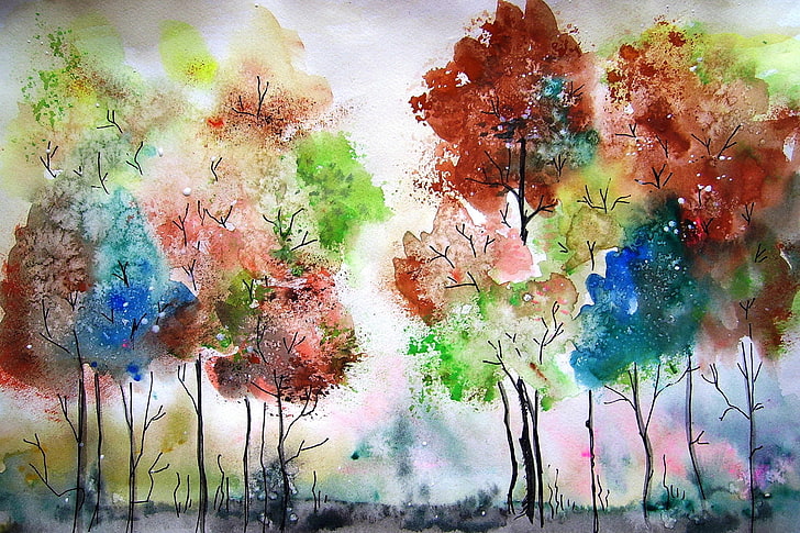 Easy Watercolor Trees, full frame, art and craft, acrylic painting, vibrant color Free HD Wallpaper