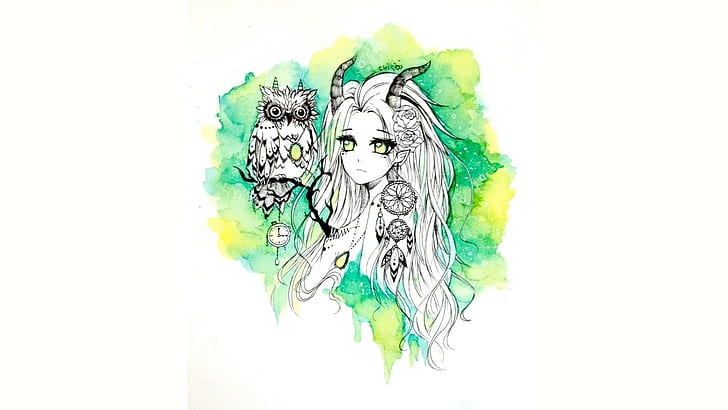 green, original characters, watercolor, owl Free HD Wallpaper